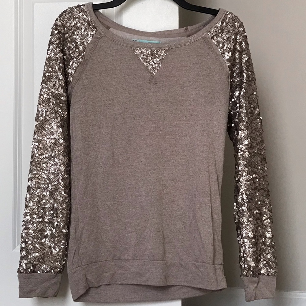 XS taupe sequin sleeve shirt from Maurices